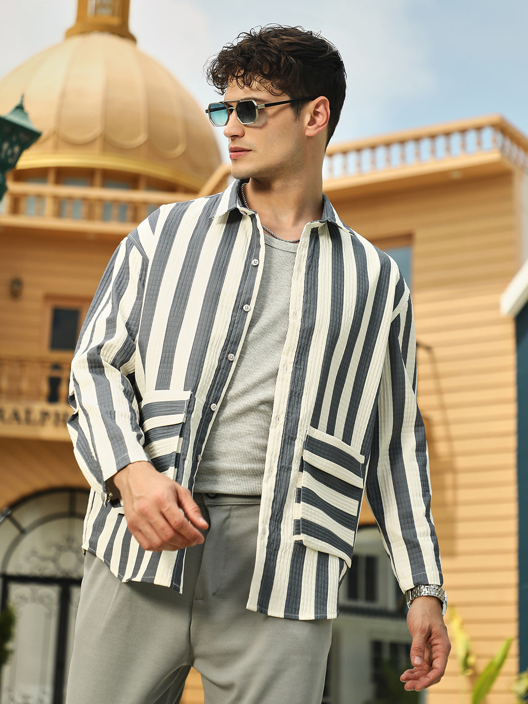 Campus Sutra Candy-Striped Utility Oversized Shirt