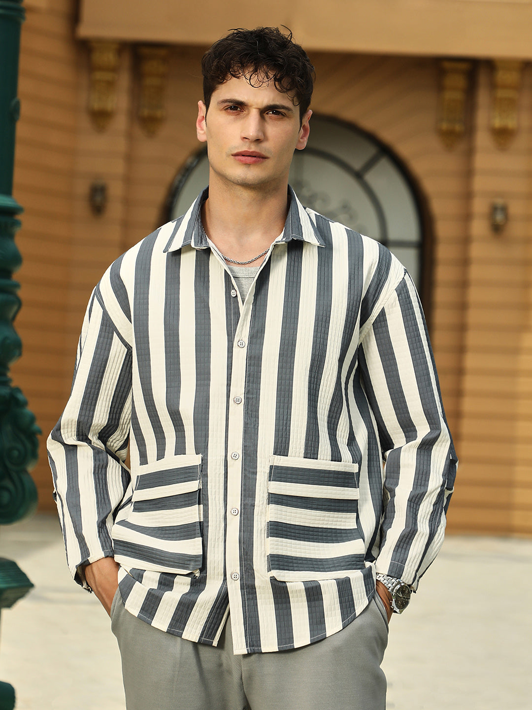 Campus Sutra Candy-Striped Utility Oversized Shirt