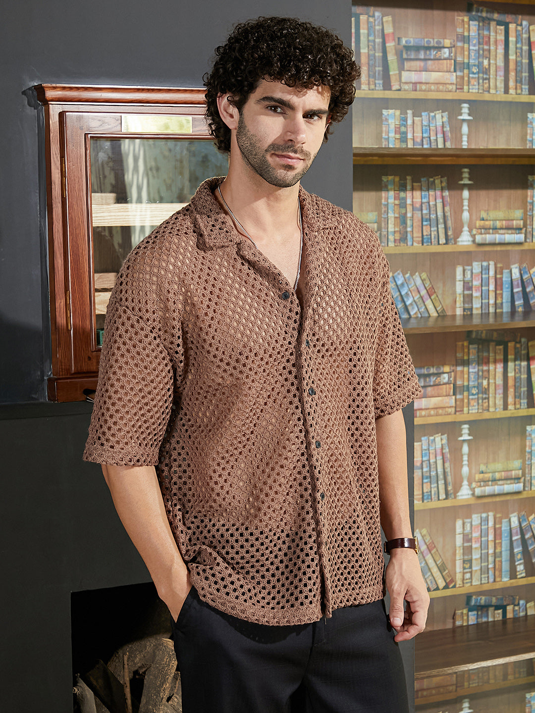 Campus Sutra Open-Knit Resort Oversized Shirt