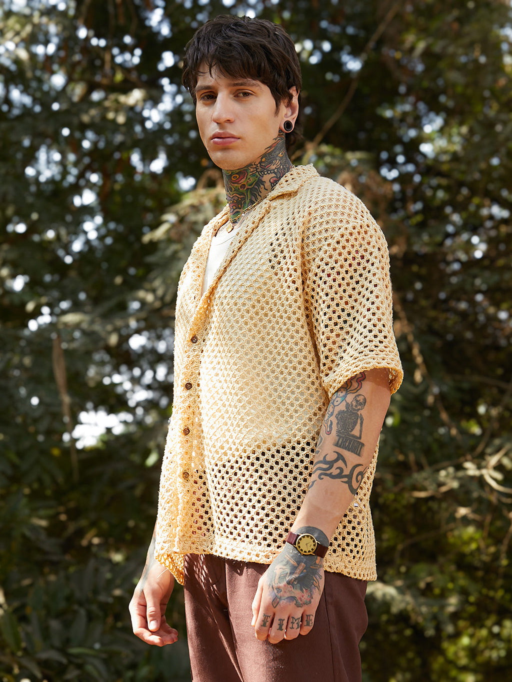 Campus Sutra Open-Knit Resort Oversized Shirt