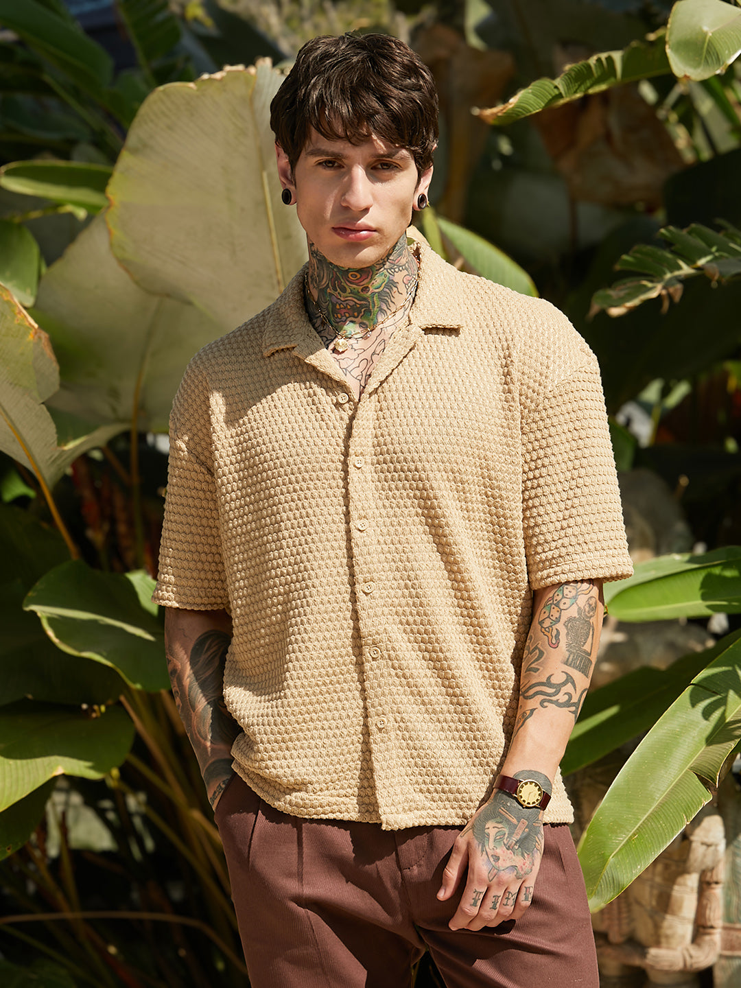 Campus Sutra Oval-Tactile Knit Oversized Shirt