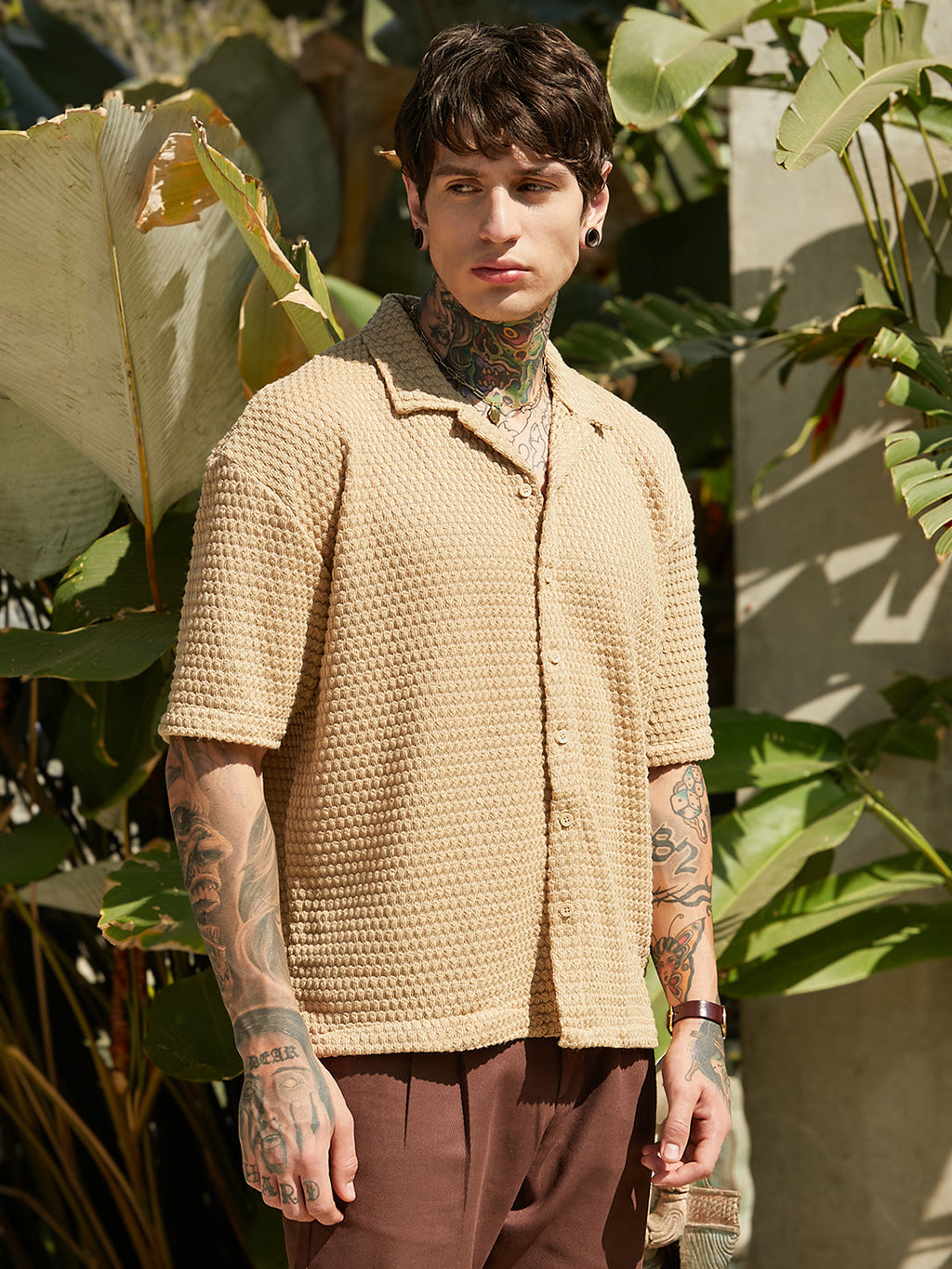 Campus Sutra Oval-Tactile Knit Oversized Shirt