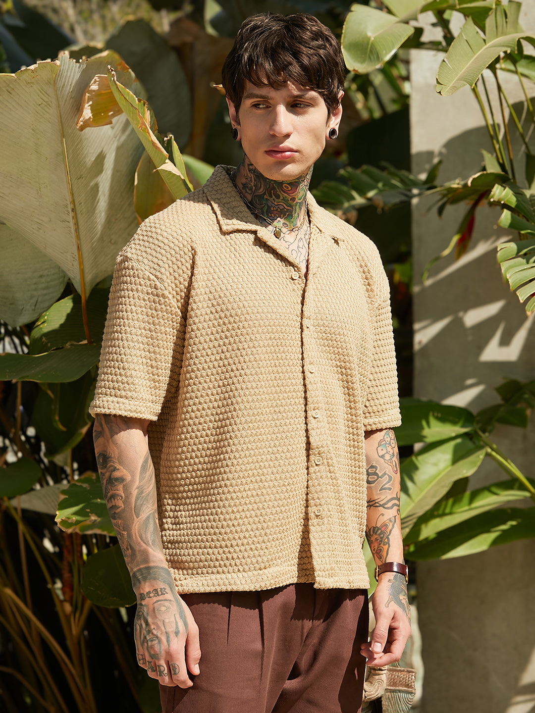 Campus Sutra Oval-Tactile Knit Oversized Shirt