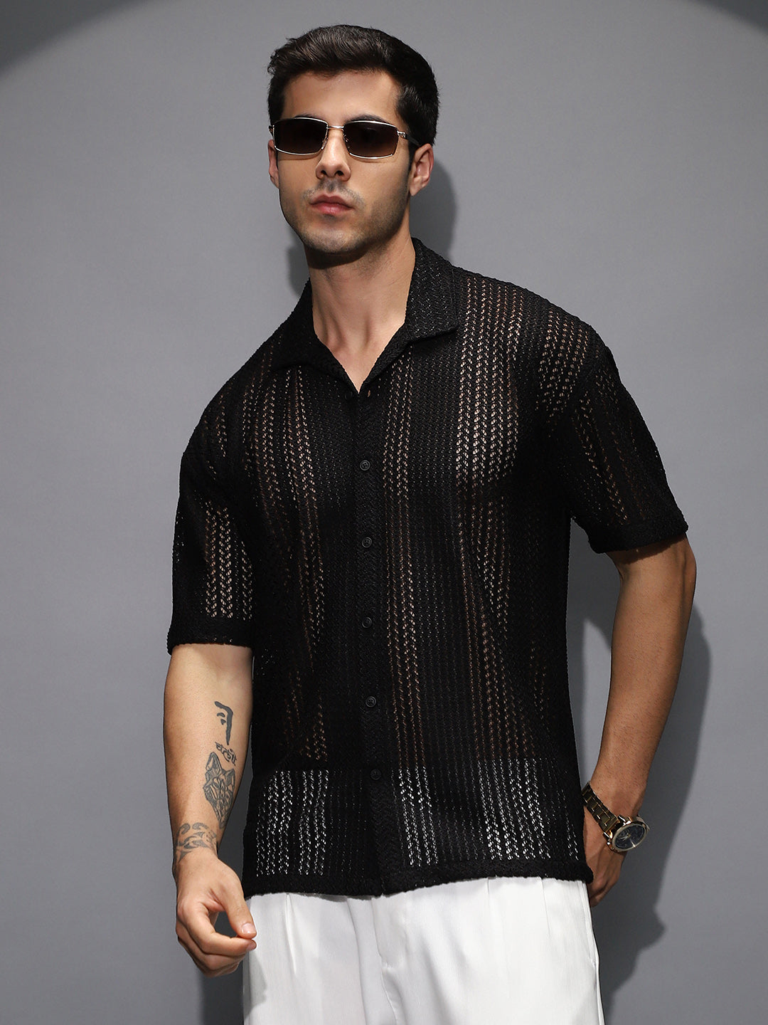 Campus Sutra Solid Open-Knit Resort Shirt