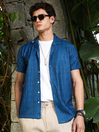 Campus Sutra Electric Blue Dye-Textured Cuban Oversized Shirt