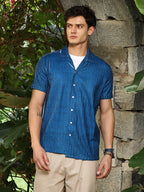 Campus Sutra Electric Blue Dye-Textured Cuban Oversized Shirt
