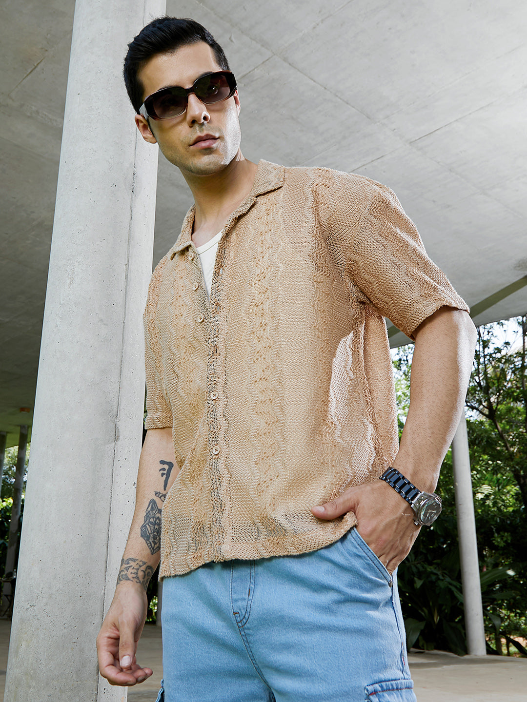 Campus Sutra Swirl Open-Knit Resort Shirt