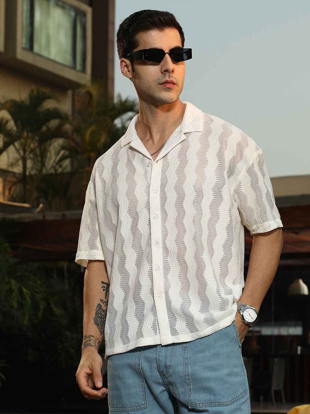 Campus Sutra Swirl Open-Knit Resort Shirt