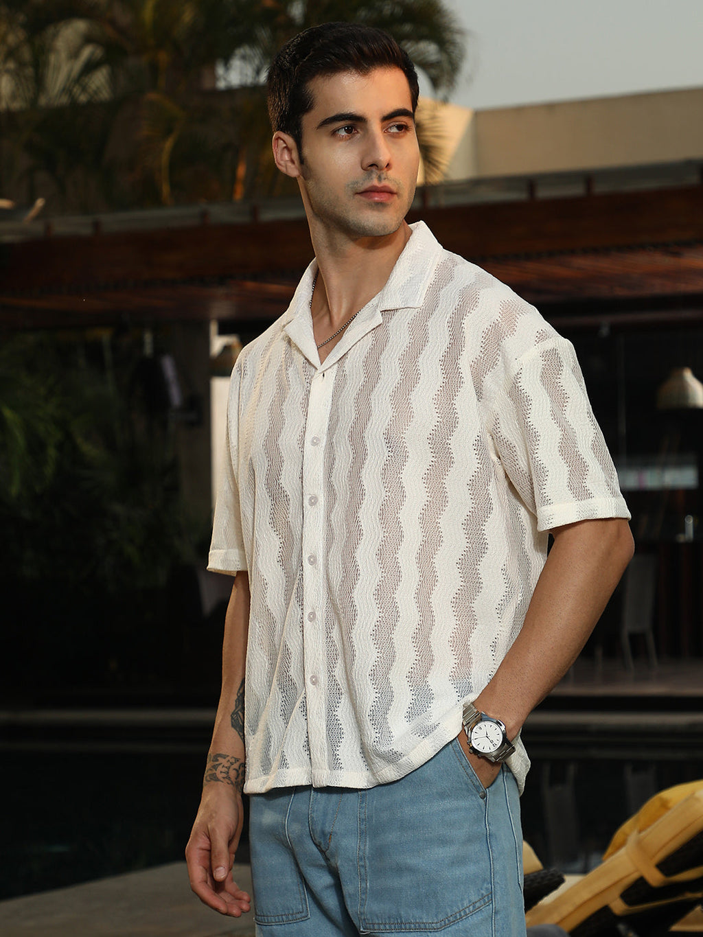 Campus Sutra Swirl Open-Knit Resort Shirt