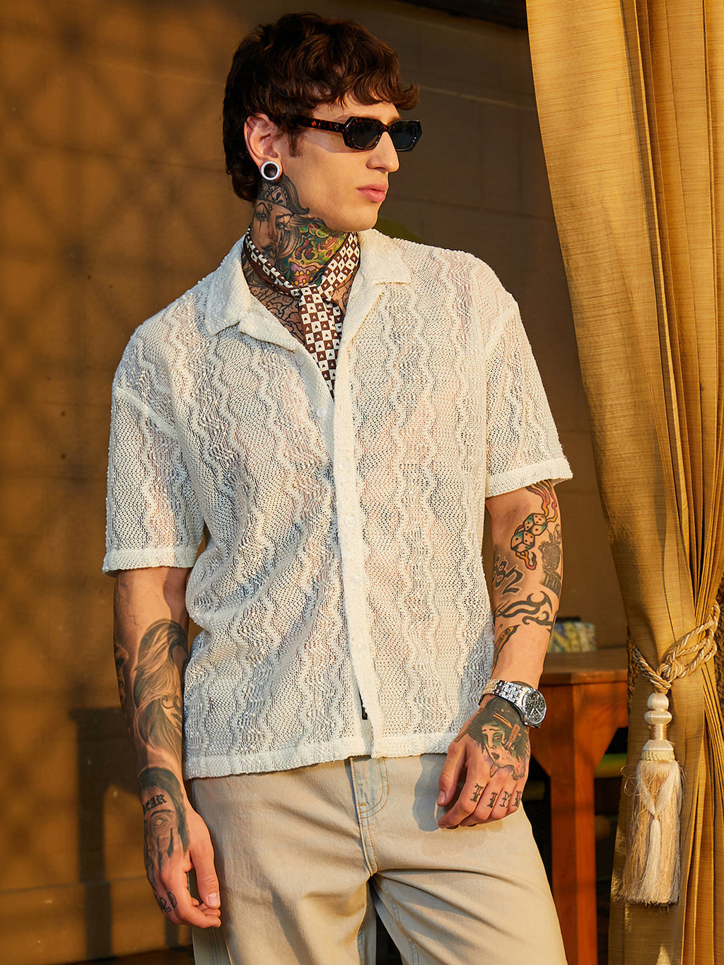 Campus Sutra Swirl Open-Knit Resort Shirt