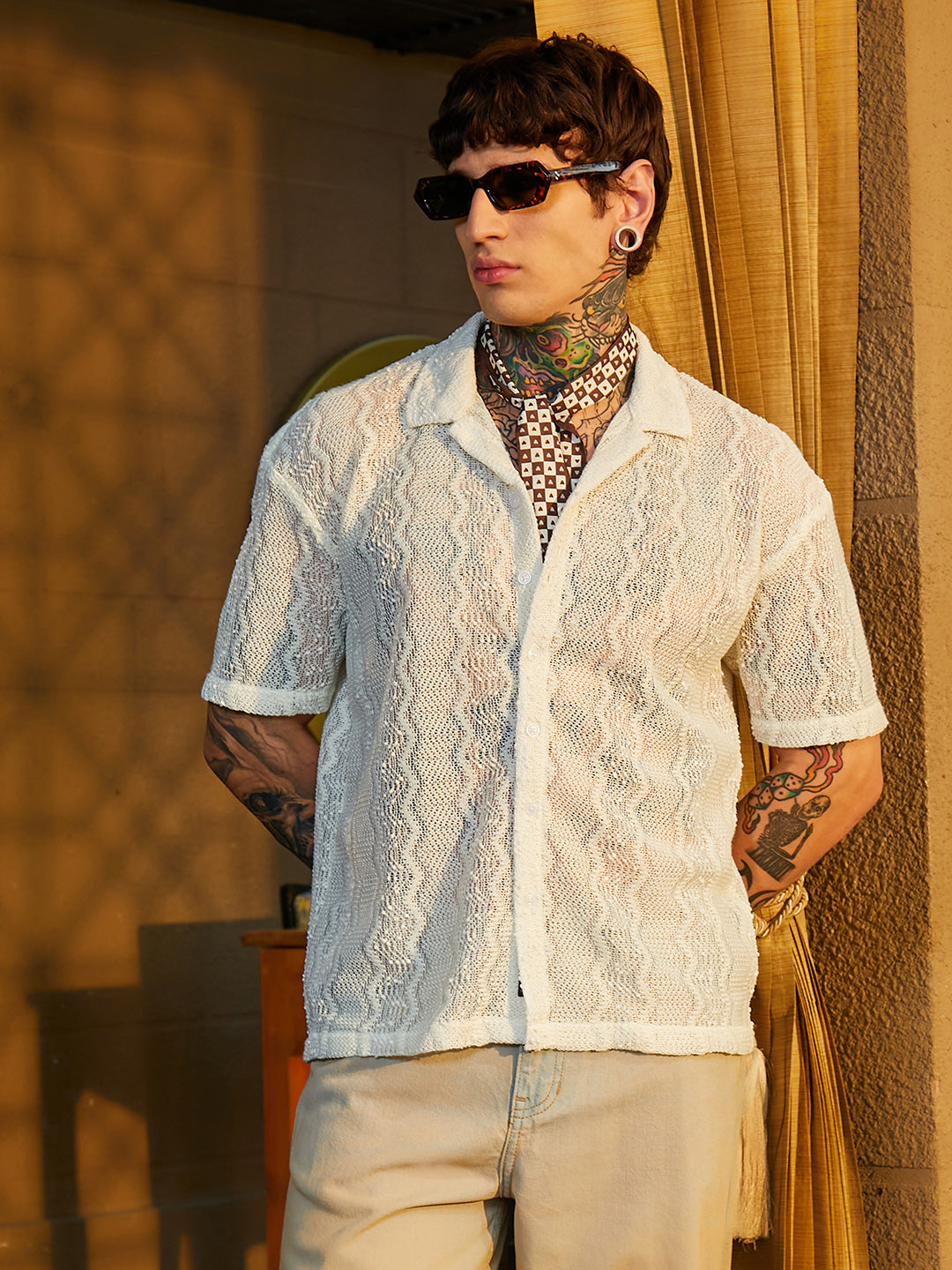 Campus Sutra Swirl Open-Knit Resort Shirt