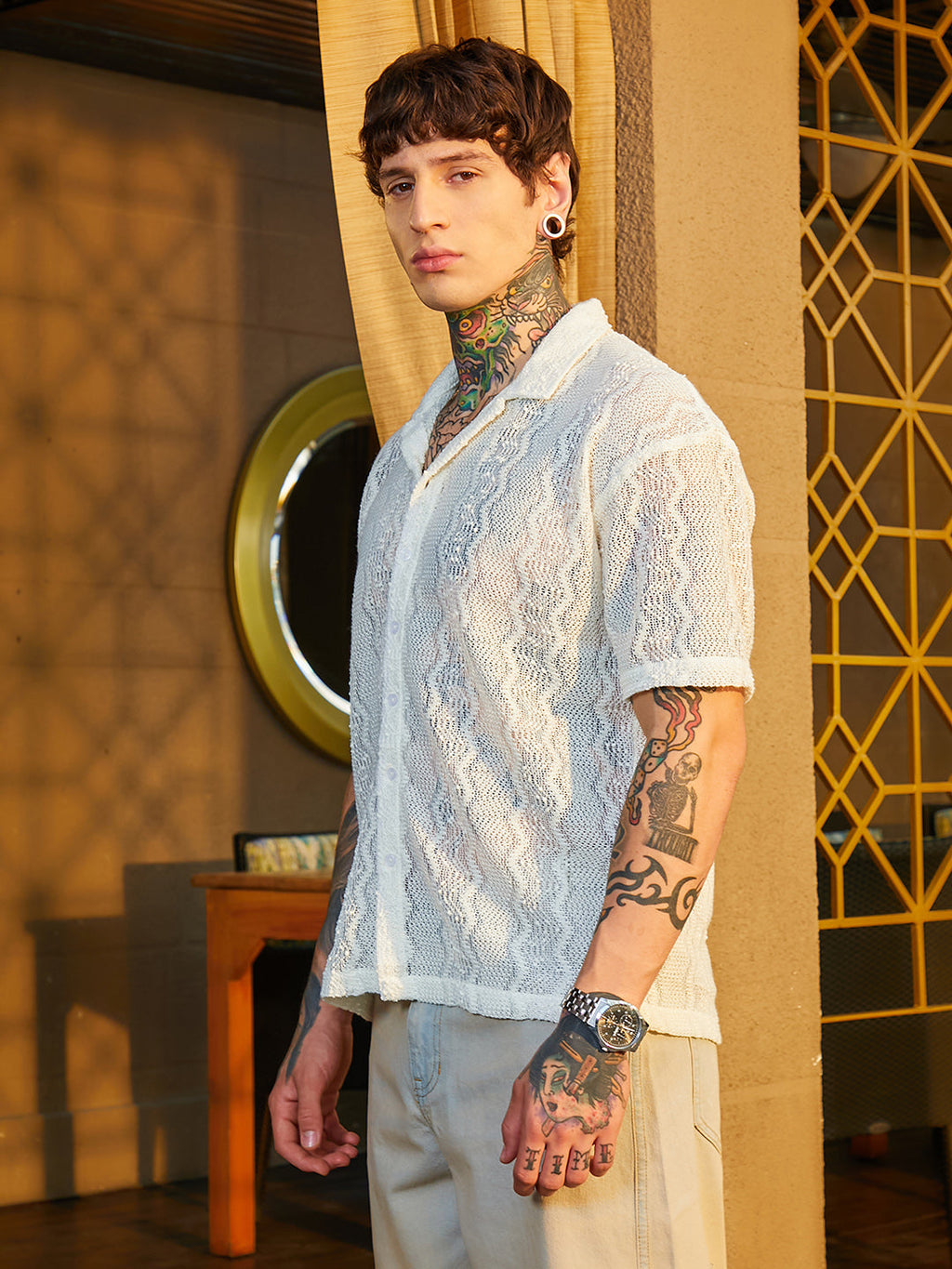 Campus Sutra Swirl Open-Knit Resort Shirt