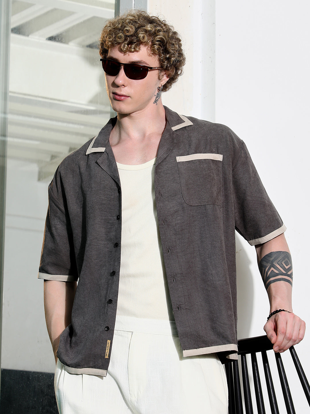 Campus Sutra Charcoal Grey Cuban Collar Shirt With Beige Accents