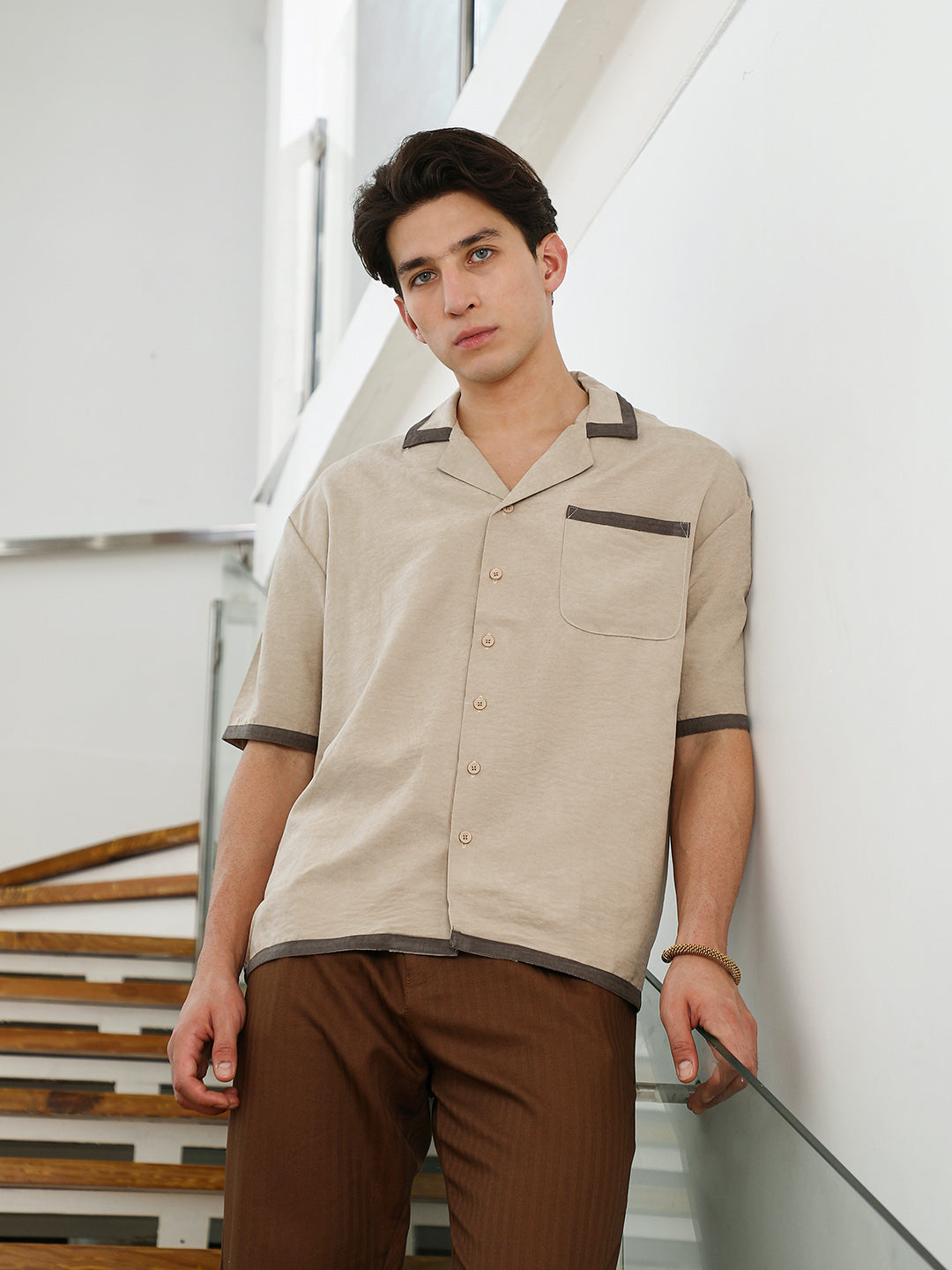 Campus Sutra Beige Cuban Collar Shirt with Dark Brown Accents