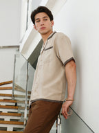 Campus Sutra Beige Cuban Collar Shirt with Dark Brown Accents
