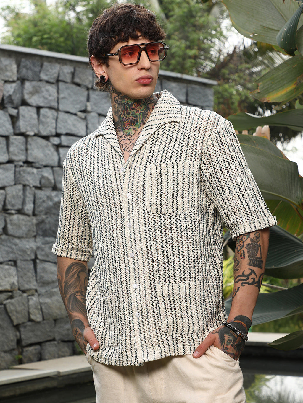 Campus Sutra Striped Crochet Shirt