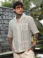 Campus Sutra Striped Crochet Shirt