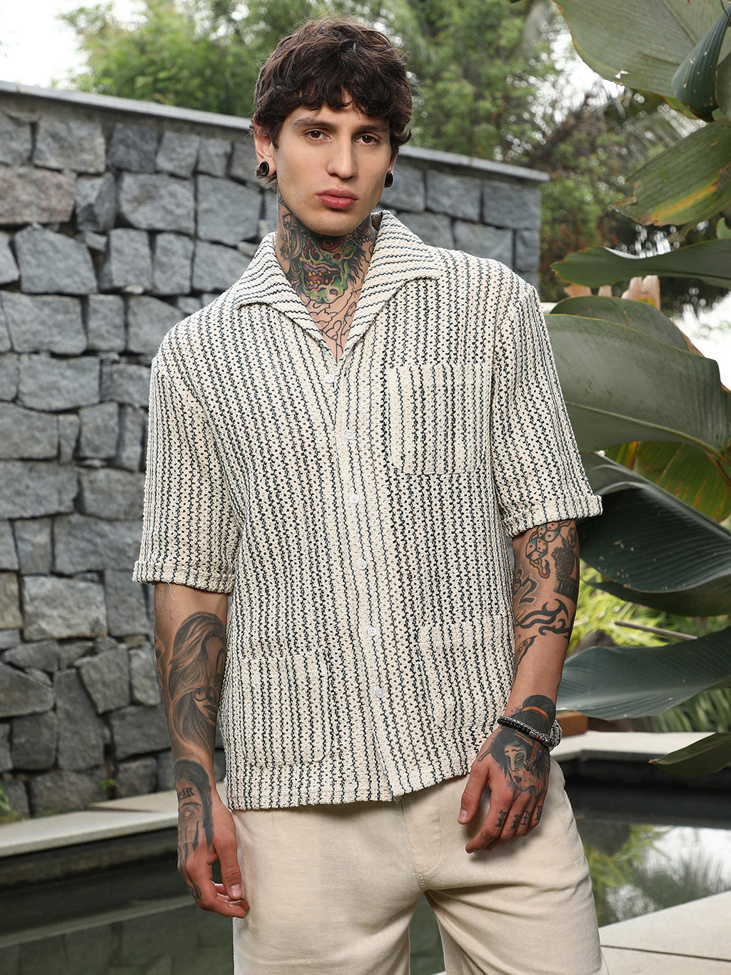 Campus Sutra Striped Crochet Shirt