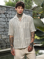 Campus Sutra Striped Crochet Shirt