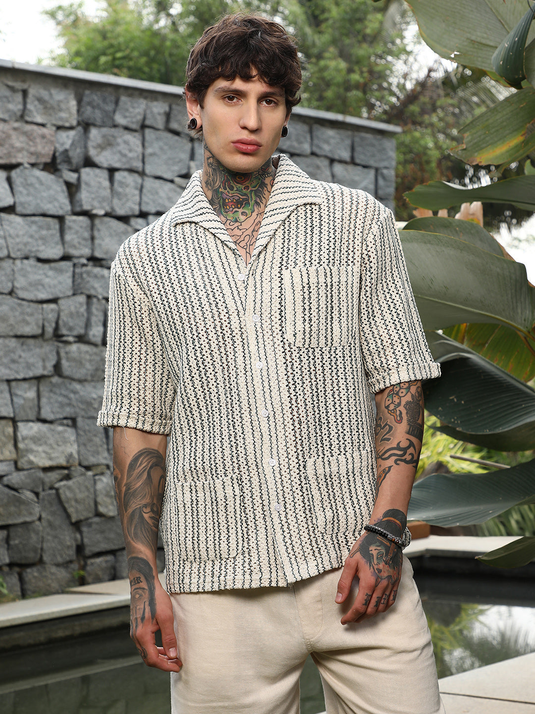 Campus Sutra Striped Crochet Shirt