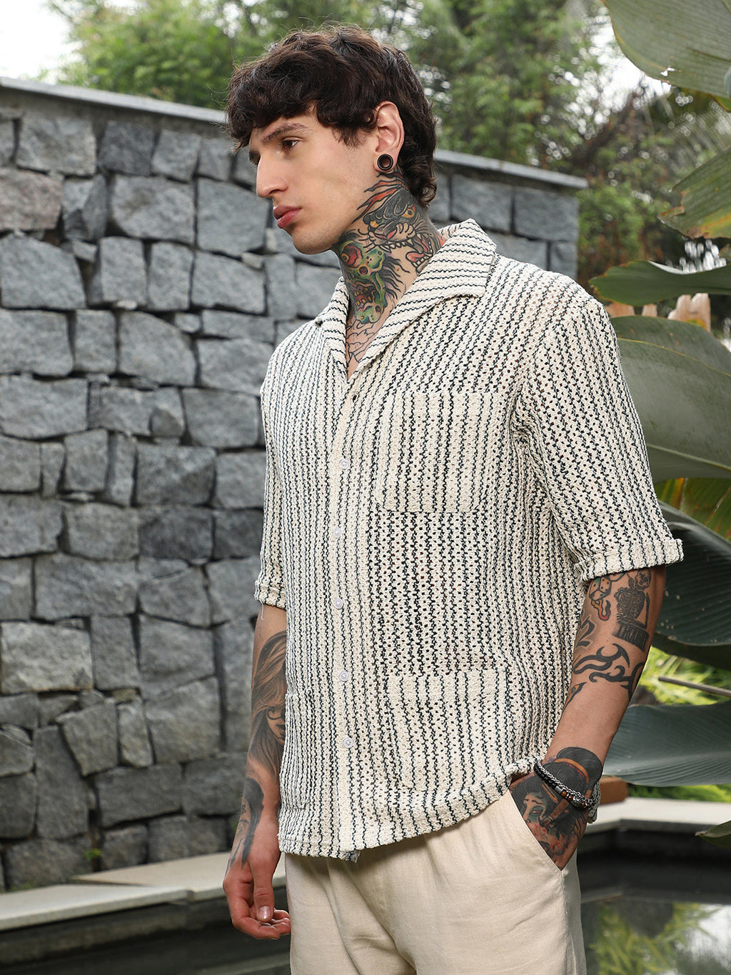 Campus Sutra Striped Crochet Shirt