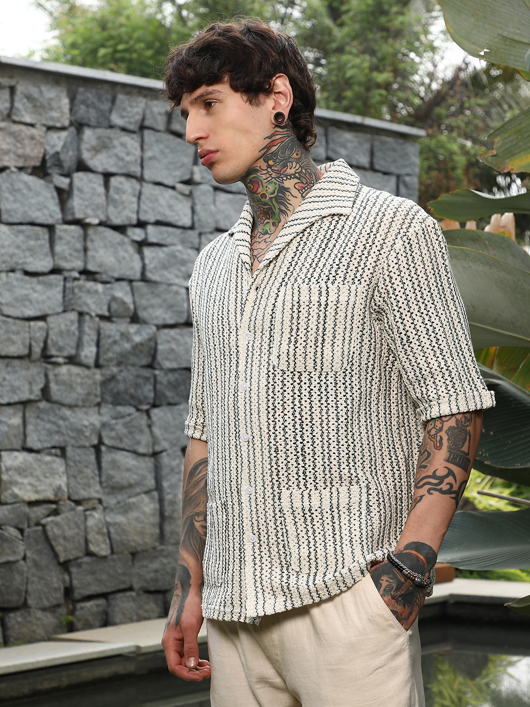 Campus Sutra Striped Crochet Shirt