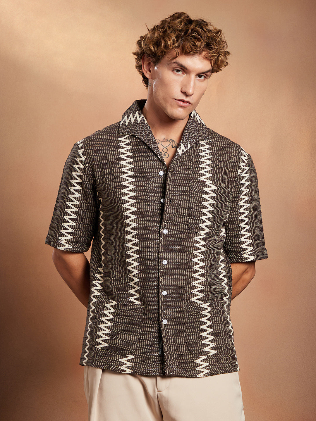 Campus Sutra Ziggy-Weave Oversized Shirt