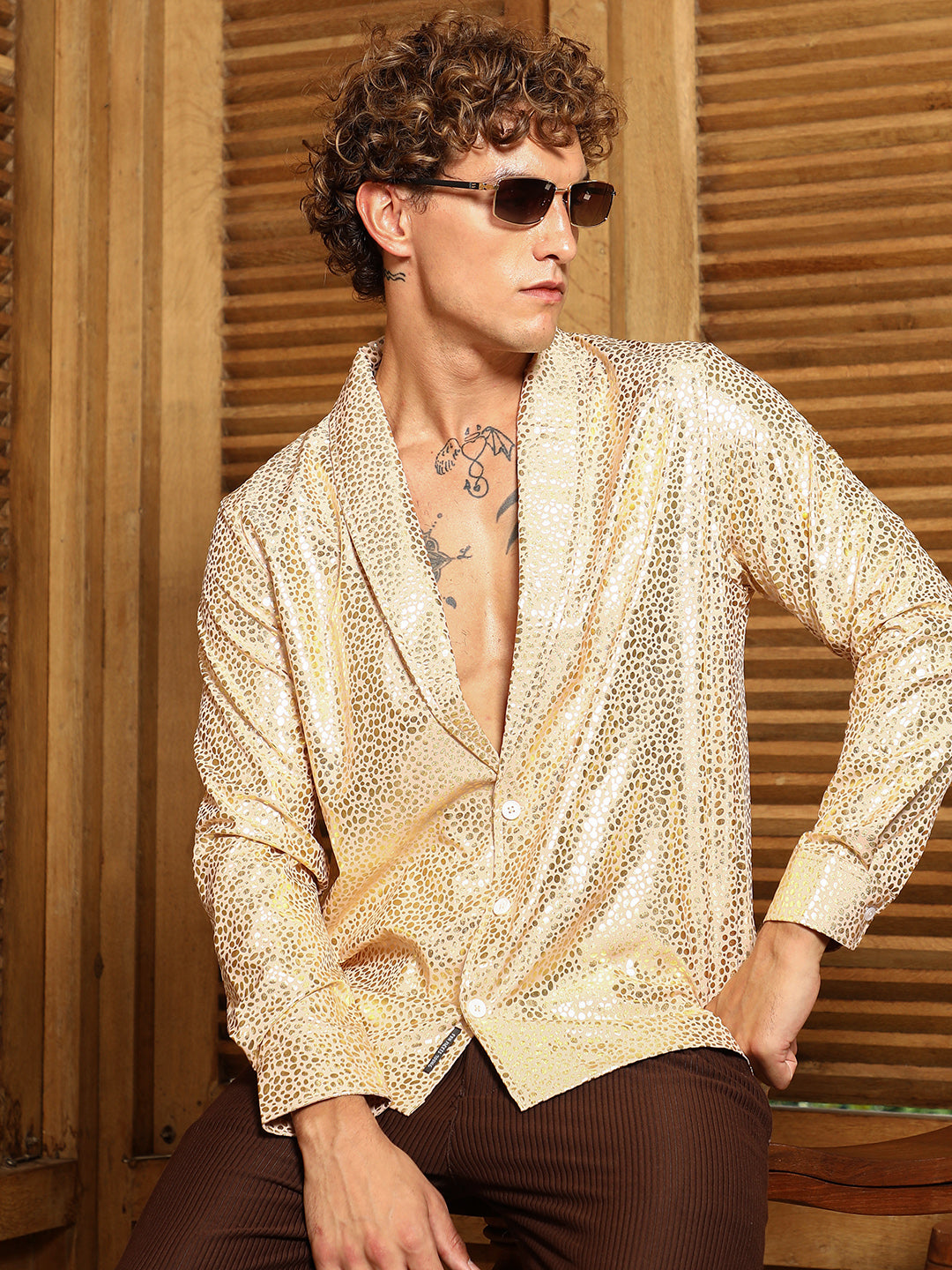Campus Sutra Metallic Shawl Collar Oversized Shirt