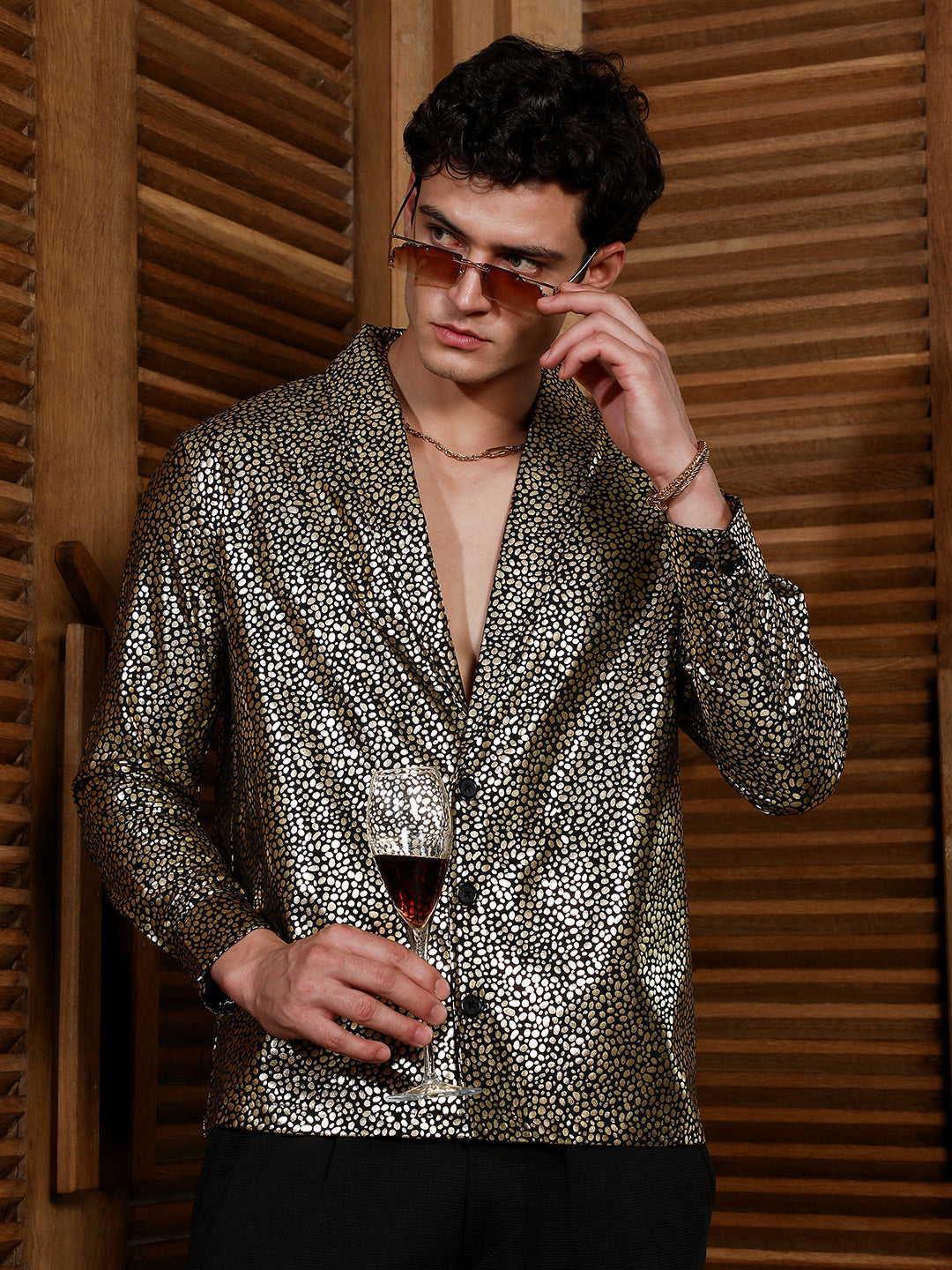 Campus Sutra Onyx Black & California Gold Metallic-Speckles Shawl Collar Shirt