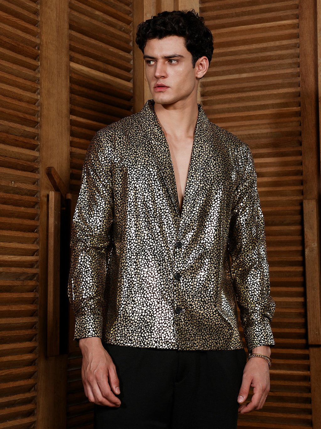 Campus Sutra Onyx Black & California Gold Metallic-Speckles Shawl Collar Shirt