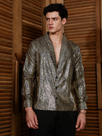 Campus Sutra Onyx Black & California Gold Metallic-Speckles Shawl Collar Shirt