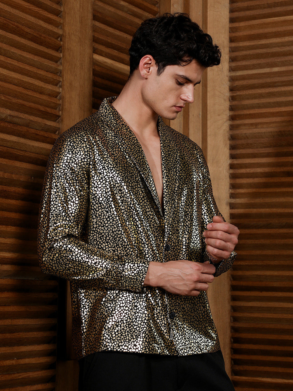 Campus Sutra Onyx Black & California Gold Metallic-Speckles Shawl Collar Shirt