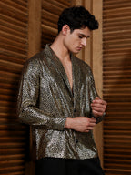 Campus Sutra Onyx Black & California Gold Metallic-Speckles Shawl Collar Shirt