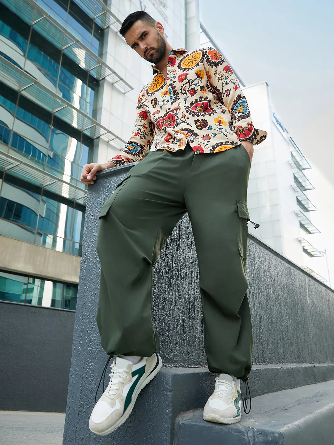 Campus Sutra Solid Cargo Parachute Trousers