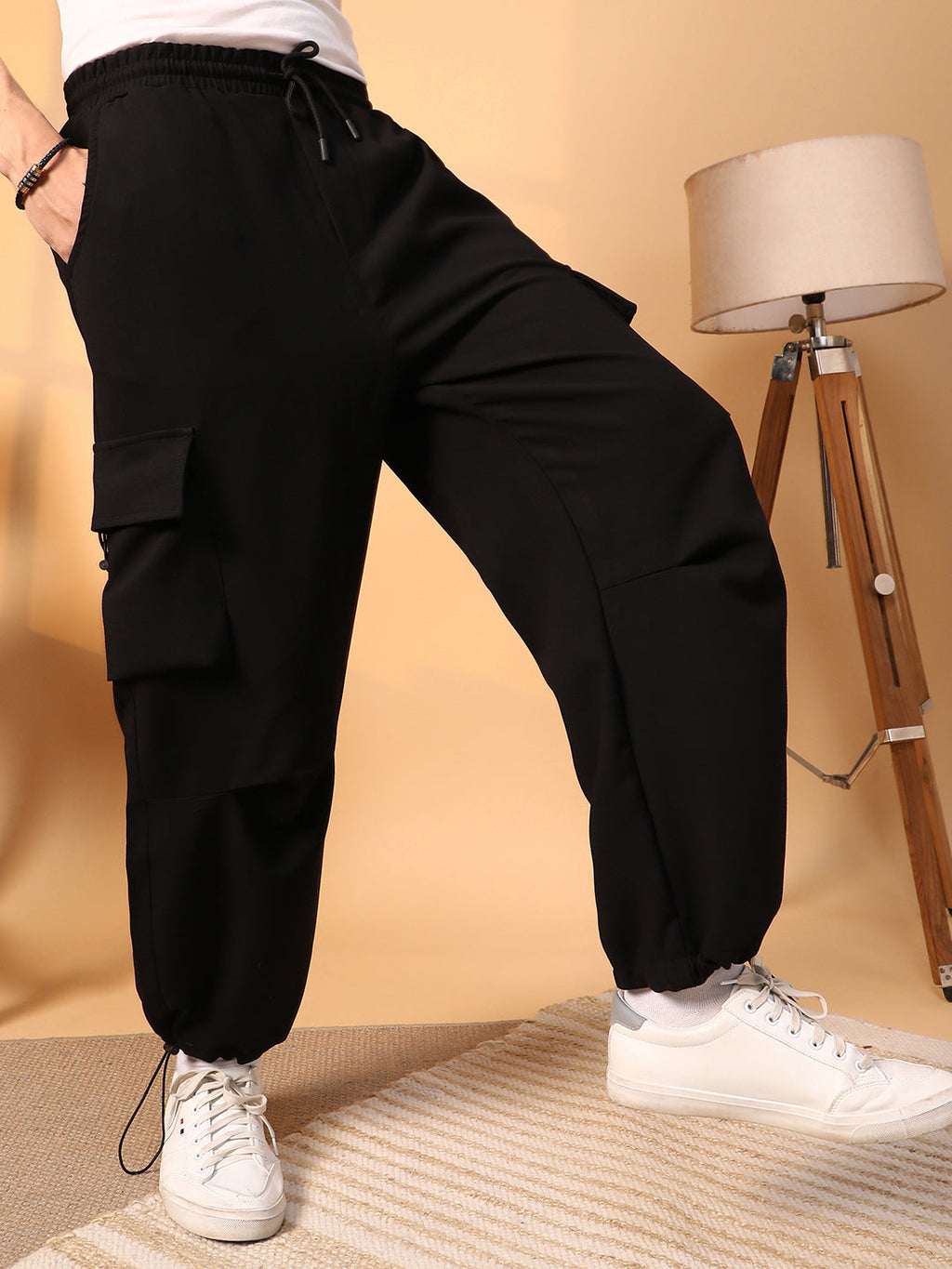Campus Sutra Solid Cargo Parachute Trousers