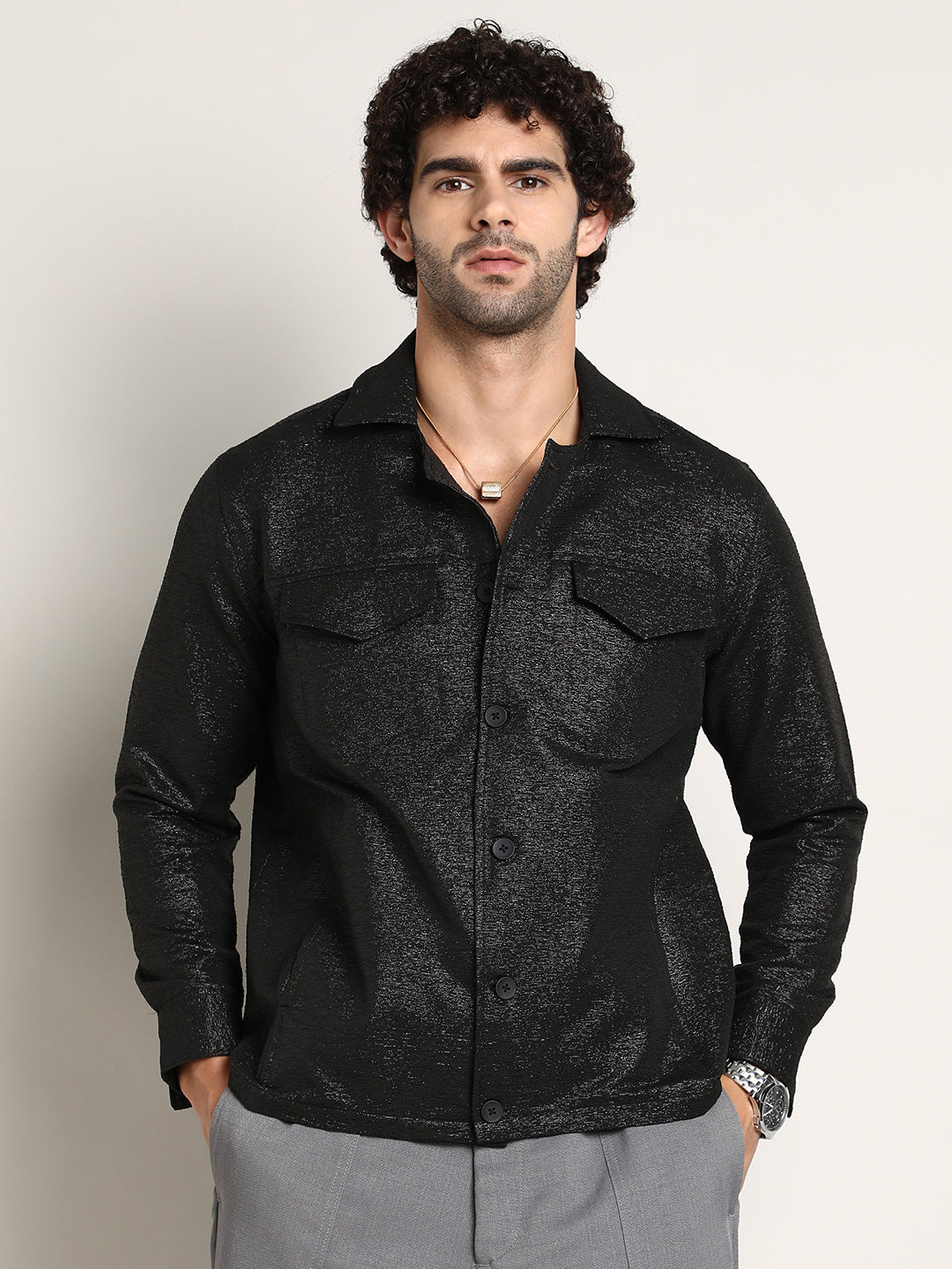 Campus Sutra Metallic Utility Shacket