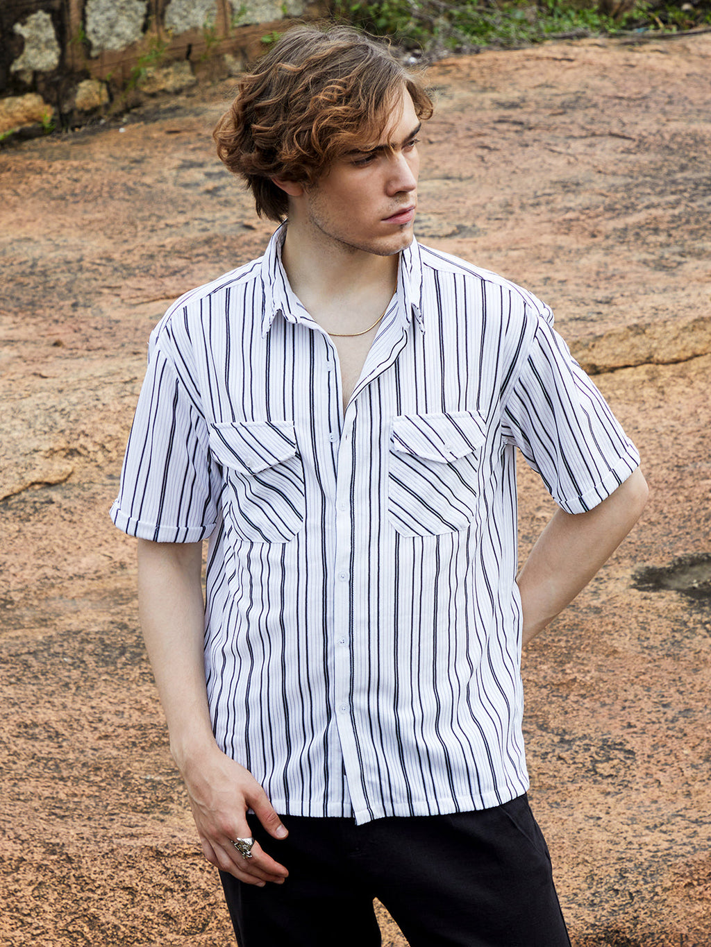 Campus Sutra Halo-Striped Utility Shacket