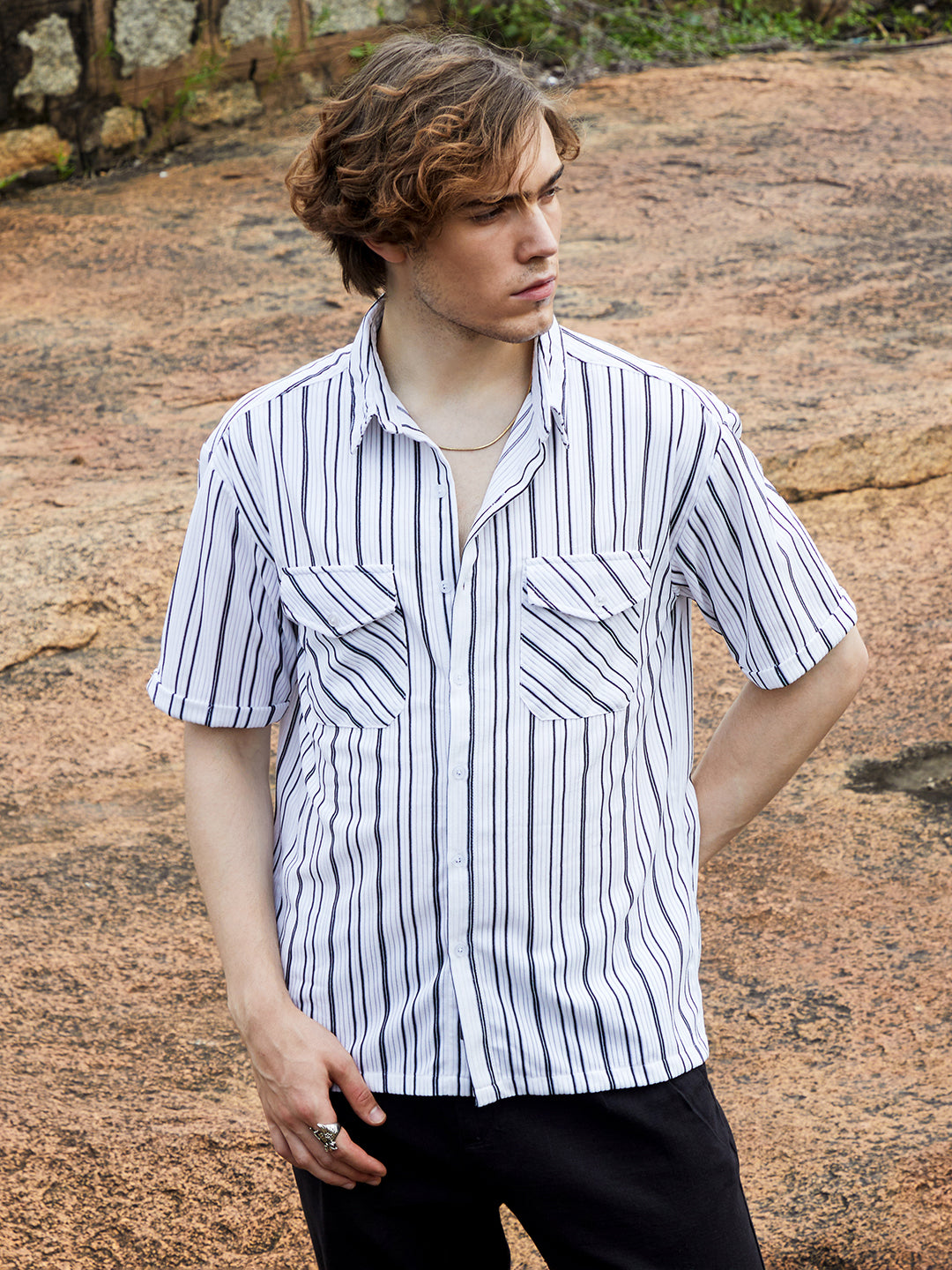 Campus Sutra Halo-Striped Utility Shacket