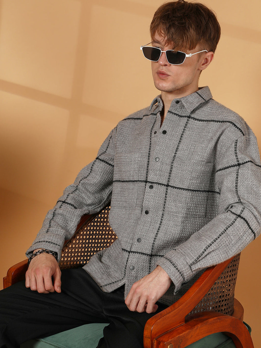 Campus Sutra Graph-Check Waffle Overshirt
