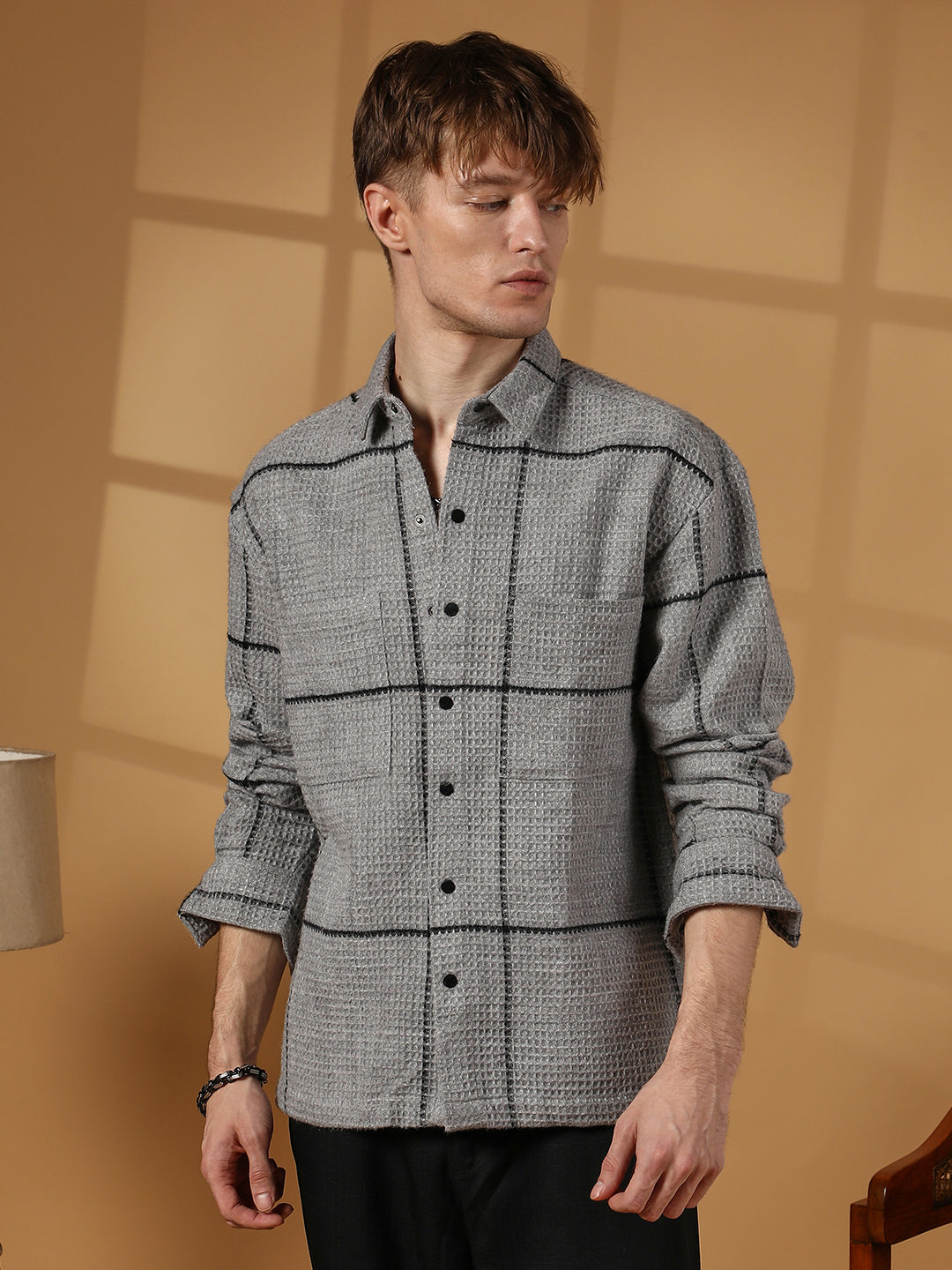 Campus Sutra Graph-Check Waffle Overshirt