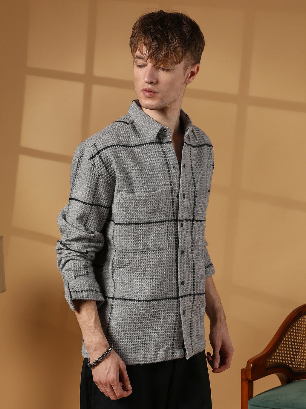 Campus Sutra Graph-Check Waffle Overshirt