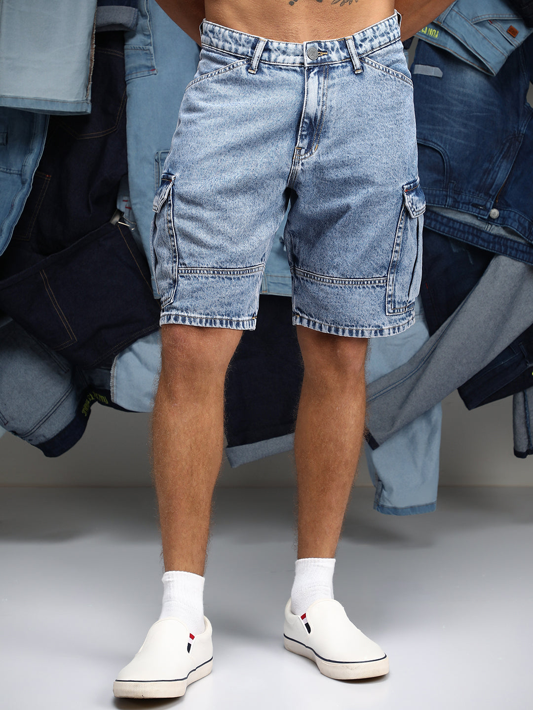 Campus Sutra Acid-Wash Utility Denim Shorts