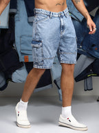 Campus Sutra Acid-Wash Utility Denim Shorts