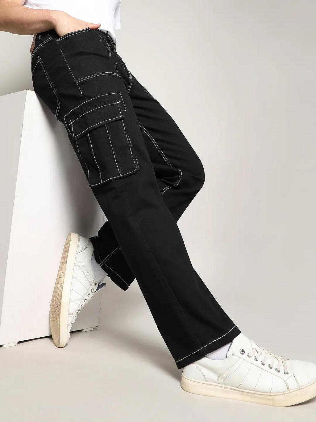Campus Sutra Contrast Stitched Cargo Denim Jeans