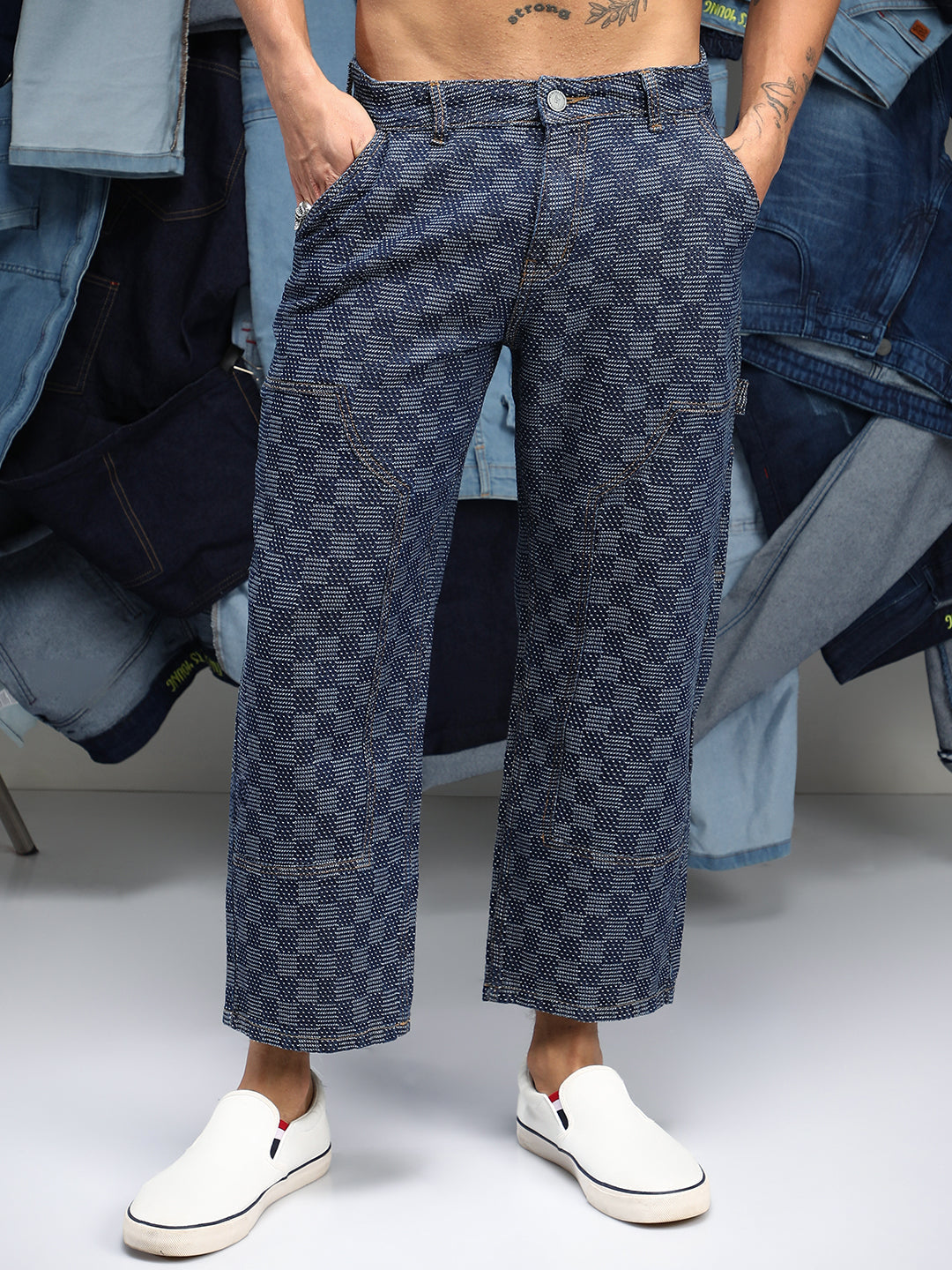 Campus Sutra Checker Baggy Utility Denim Jeans