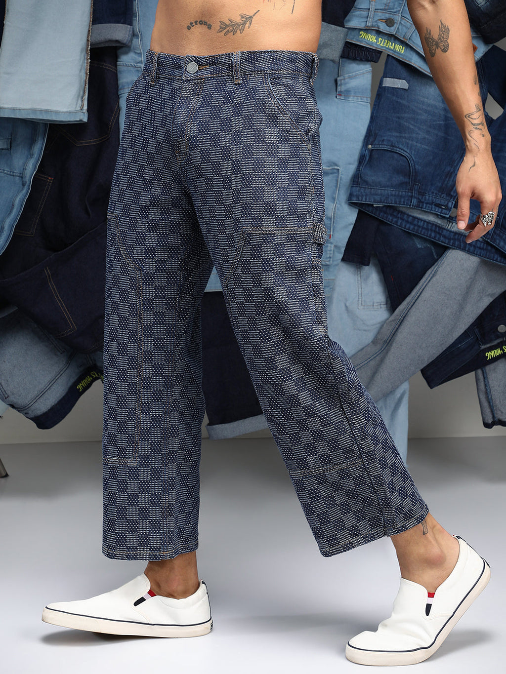 Campus Sutra Checker Baggy Utility Denim Jeans