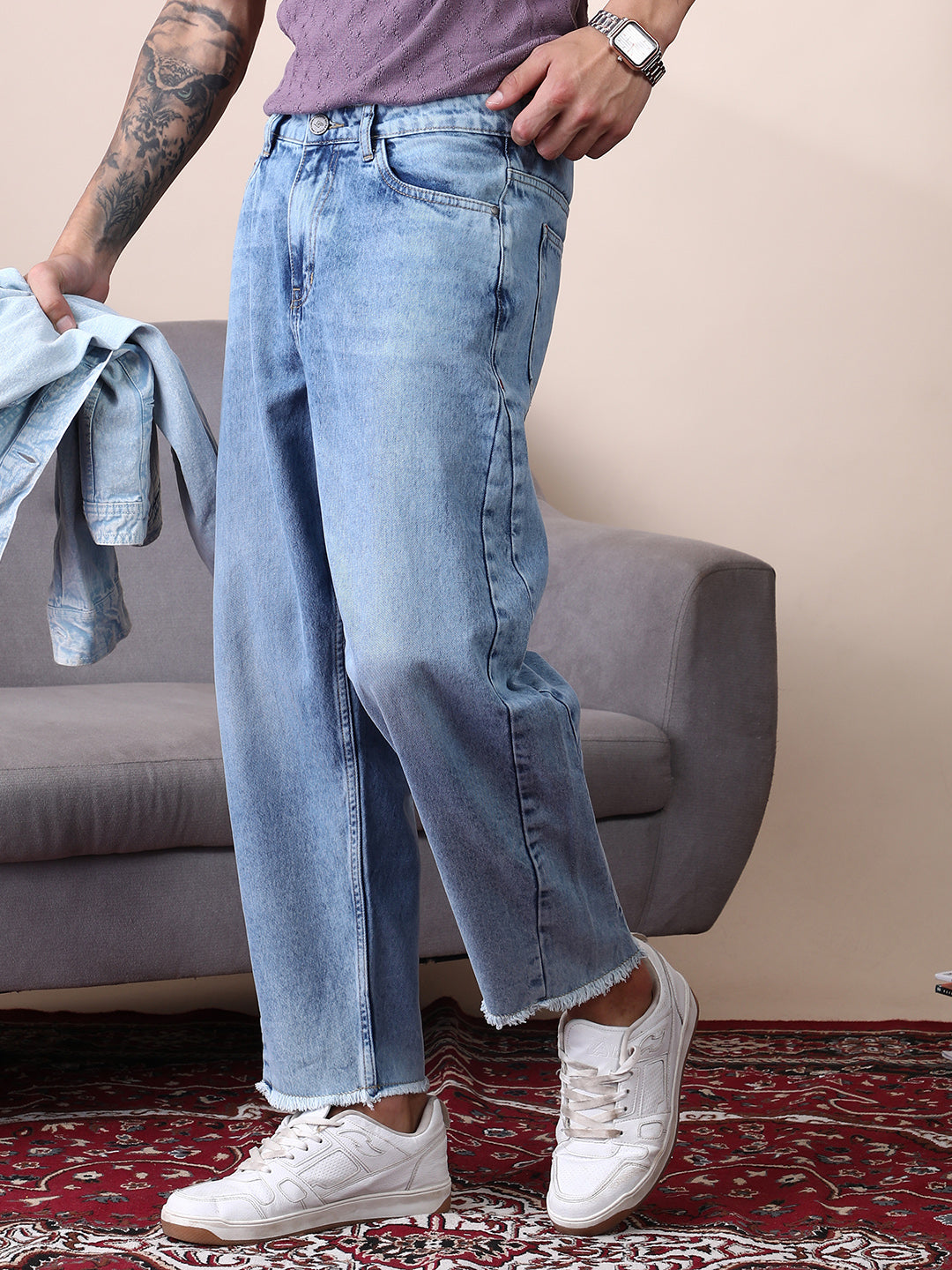 Campus Sutra Unhemmed Light-Wash Denim Jeans