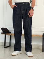 Campus Sutra Dark-Wash Pleated Denim Jeans