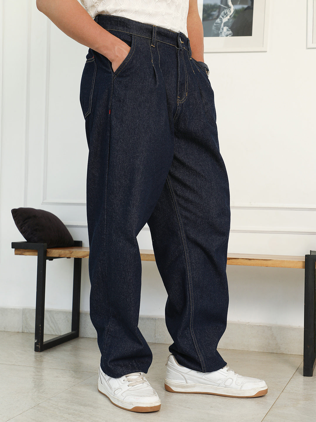 Campus Sutra Dark-Wash Pleated Denim Jeans