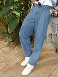 Campus Sutra Indigo Blue Mid-Wash Pleated Denim Jeans